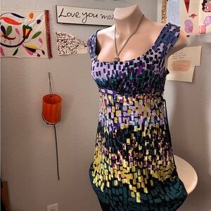 Printed Empire Waist Scoop Neck Dress in Purple and Teal